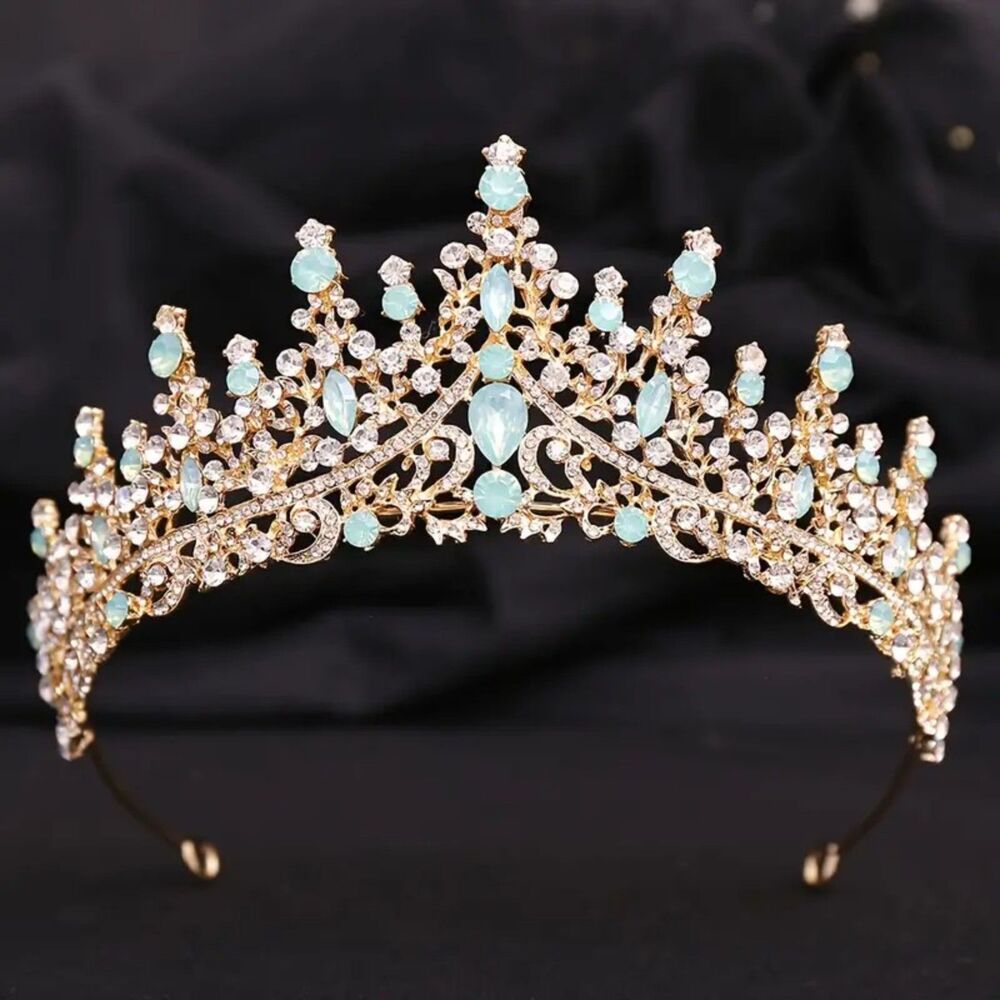 Wicked Silk Prom, Quinceanera Jeweled Crown Tiara Headband - Gold Teal
